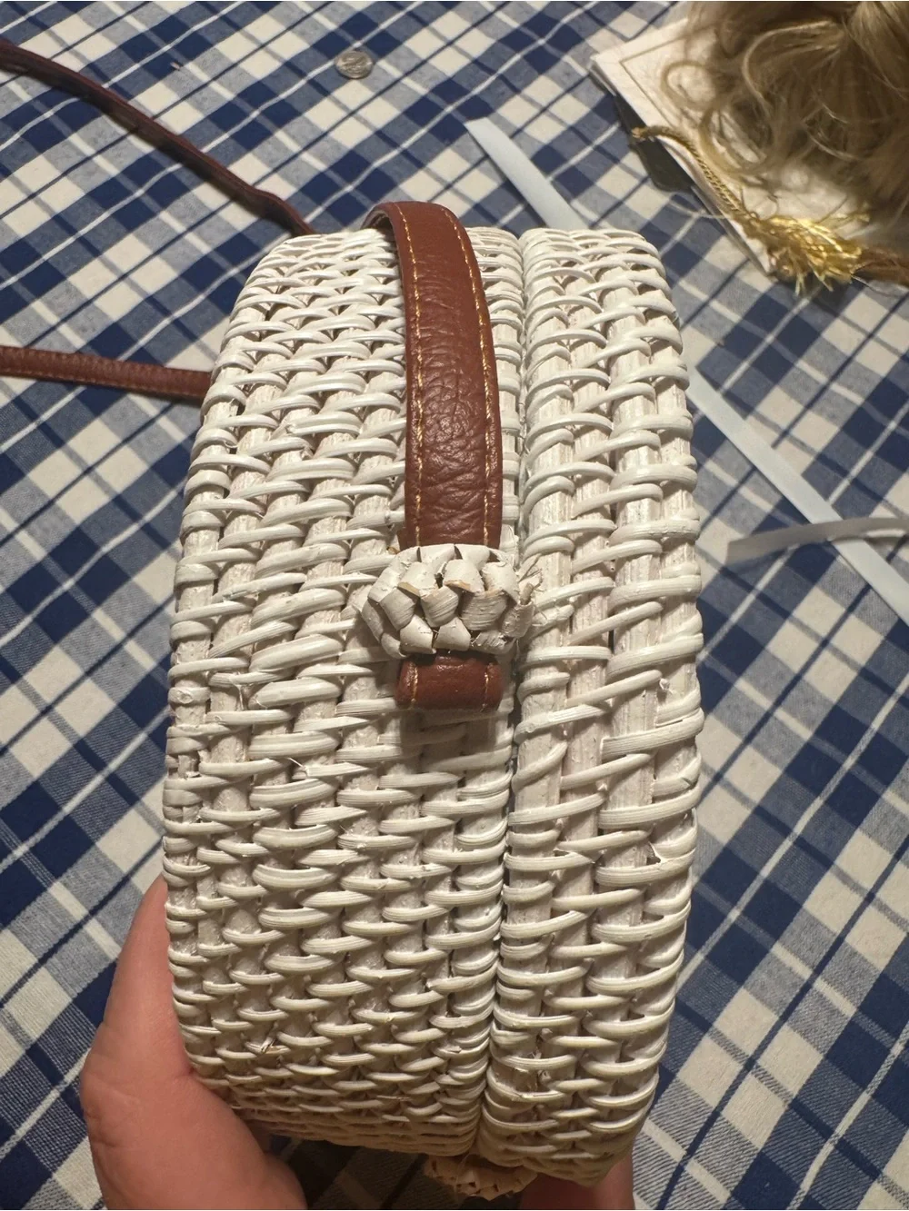 Woven Round Crossbody Bag - White with Brown Trim